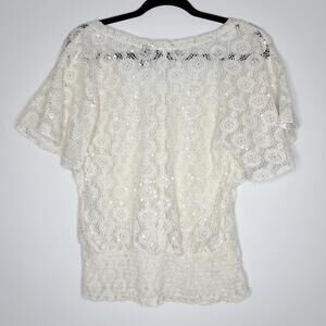 Deb Ivory Sequin Lace Flutter Sleeve Top Y2K Cottagecore Coquette M Cream